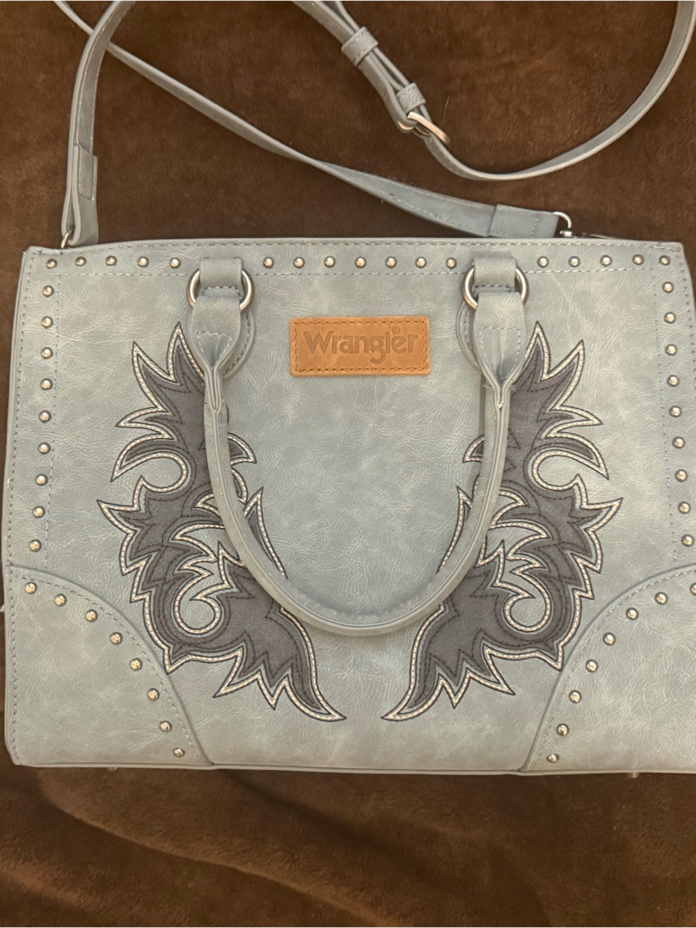 Wrangler Light Gray Embroidered Satchel with Stud Accents Purse